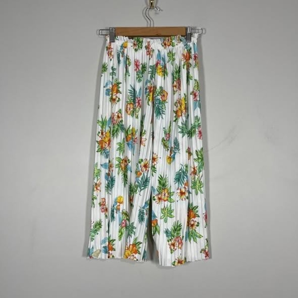 Zara Kids Tropical Print Floral Culottes Girls 9 White Green Pleated Wide‎ Leg